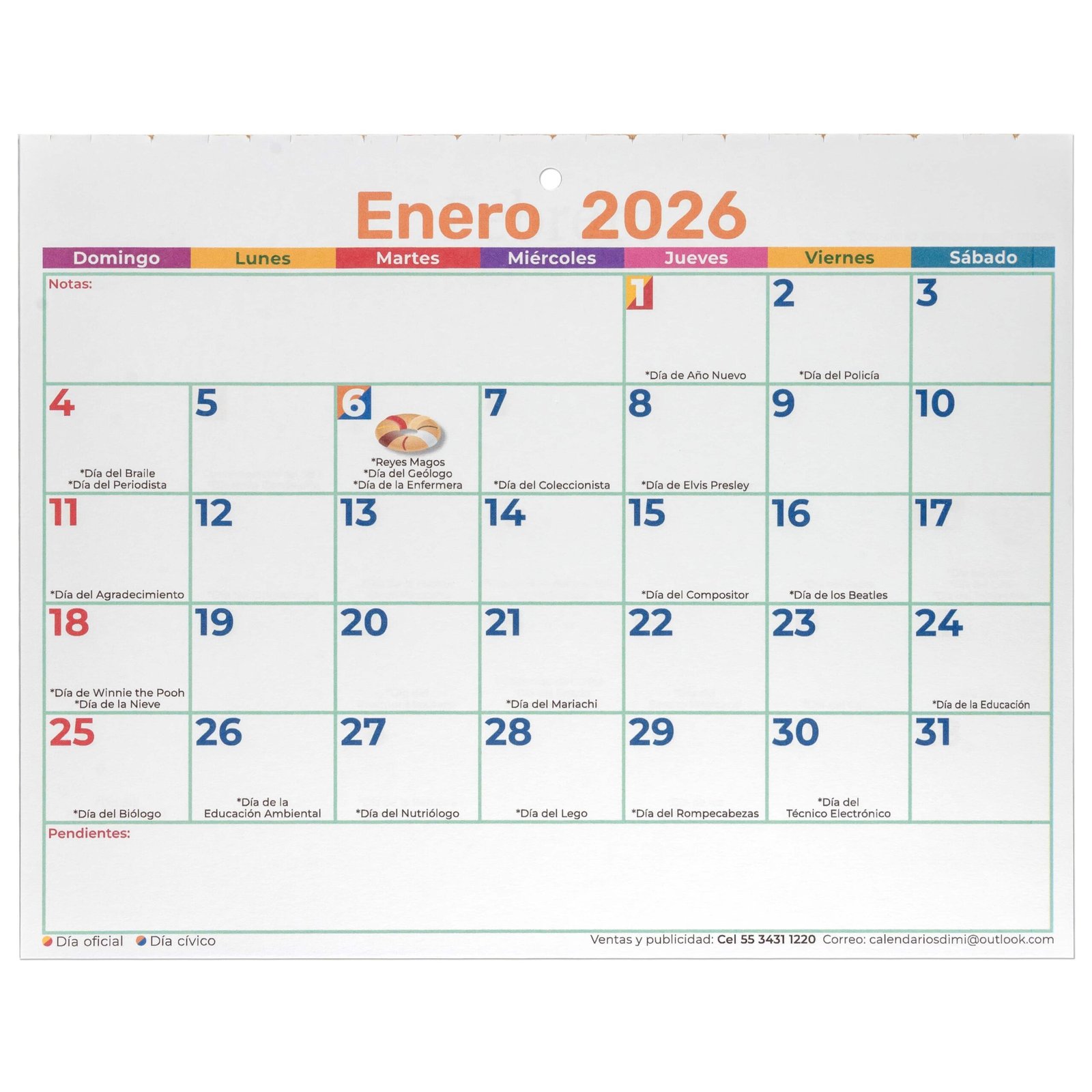 Calendario organizador de pared horizontal, impreso a color. Año 2026