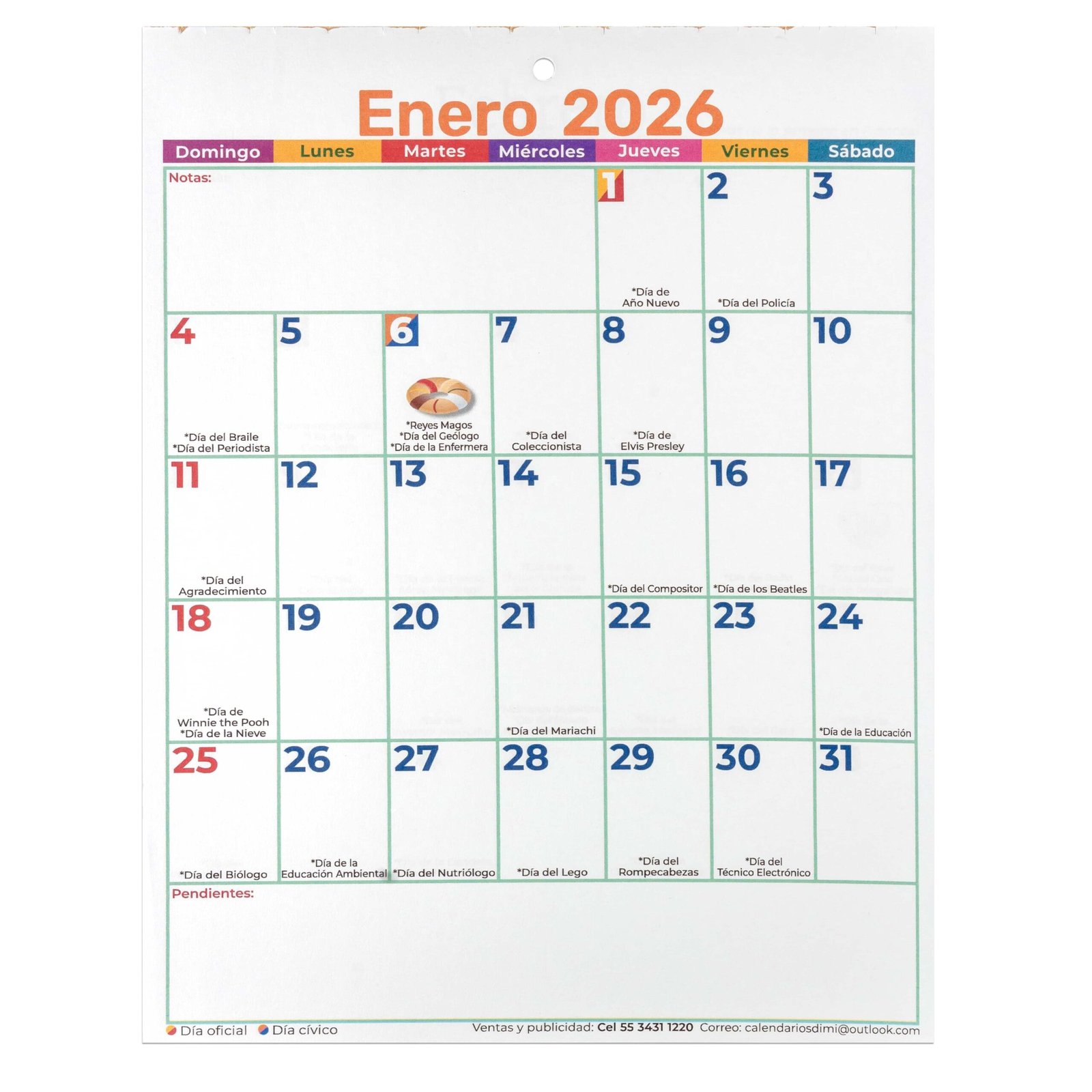 Calendario organizador de pared vertical, impreso a color. Año 2026
