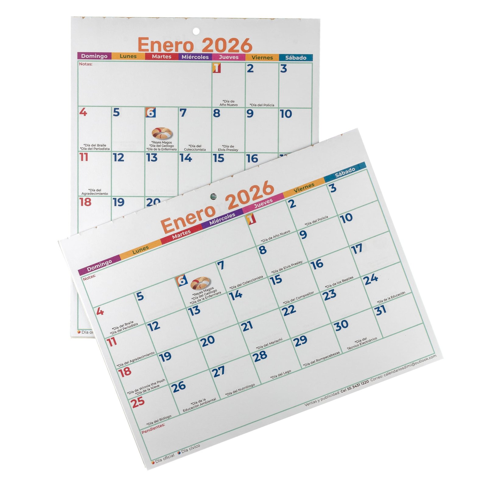Calendario organizador de pared impreso a color. Incluye dos áreas para publicidad, la primera a una tinta y la segunda a color.