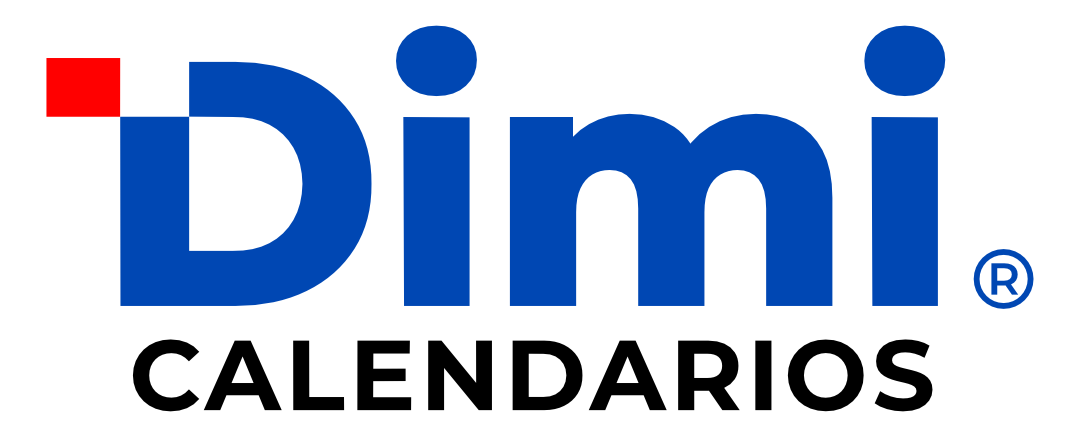 El logotipo se compone de la palabra dimi en color azul y calendarios en color negro. Además de un pequeño rectángulo rojo adyacente a la letra d. El logotipo es marca registrada.