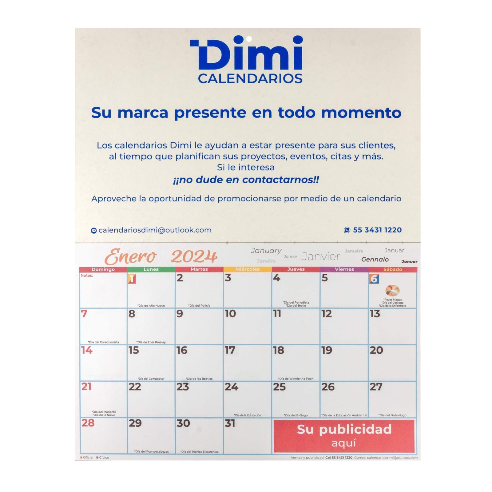 Calendario organizador de pared impreso a color. Incluye dos áreas para publicidad, la primera a una tinta y la segunda a color.