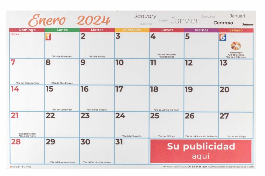 Imagen de la parte impresa a color del calendario organizador. Se ve claramente el área destinada para publicidad.